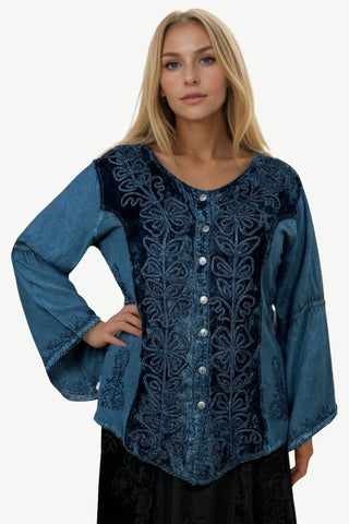 Renaissance Vintage Rayon Velvet Renaissance Top Blouse - Agan Traders, Blue