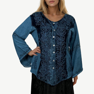 Rich Exotic Gothic Rayon Velvet Button Down Blouse Velvet Embroidered Top Blouse
