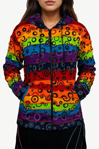 364 RJ Owl Printed Vibrant Hoodie Hippie Gypsy Cotton Bohemian Rib Jacket - Agan Traders, Rainbow Bubble 