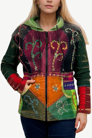 Tie Dye Patchwork Embroidered Floral Hoodie Sweatshirt - Agan Traders, Burgundy Olive