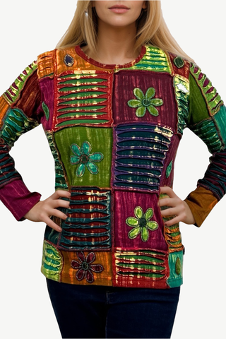 Rib Cotton Funky Slit Patch Bohemian Gypsy Top - Agan Traders, Multi 3