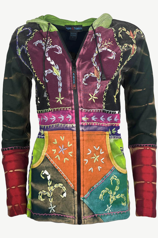 Tie Dye Patchwork Embroidered Floral Hoodie Sweatshirt - Agan Traders, Burgundy Olive