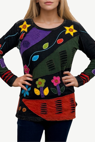 R 252 Knit Cotton Funky Patch Retro Blouse