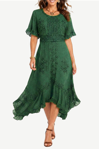 18 6014 DR Bohemian Asymmetrical Hem Ruffle Embroidered Casual Chic Dress