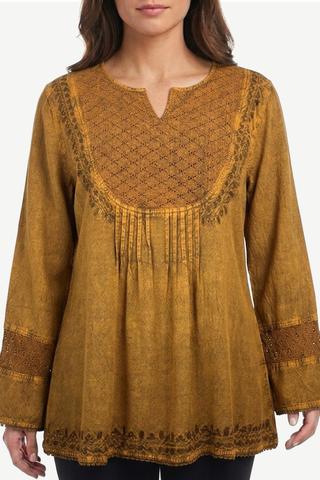 9001 B Women's Bohemian Vintage Embroidered Pleated Mesh Embroidered Blouse