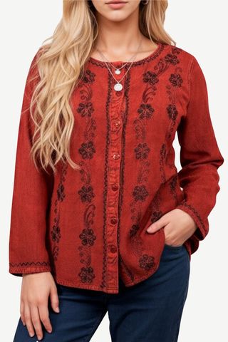 27 707 B Women's Boho Medieval Embroidered Button Down Full Sleeve Shirt Blouse
