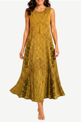 1151 DR Women’s Boho Summer Sleeveless Embroidered Button Down Sun Dress Gown
