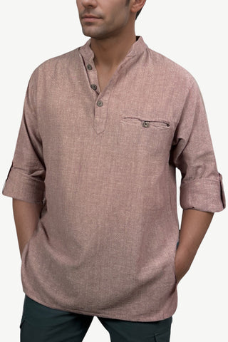 MS 545 Men's Soft Cotton Henley Mandarin Oriental Style Folding Kurta Shirt - Agan Traders, Salmon