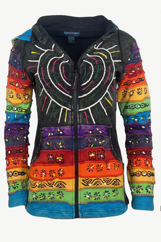 327 RJ Hand Crafted Bohemian Rib Tie-dye Brush Painted Patch Cotton Hoodie Jacket - Agan Traders, Charcoal