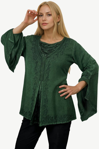 Renaissance Gypsy Bell Sleeve Blouse Top - Agan Traders, H Green