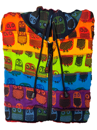 364 RJ Rainbow Owl Printed Vibrant Hoodie Hippie Gypsy Cotton Bohemian Rib Jacket - Agan Traders, Rainbow Owl