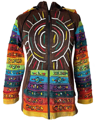 327 RJ Hand Crafted Bohemian Rib Tie-dye Brush Painted Patch Cotton Hoodie Jacket - Agan Traders, Brown