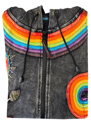 RJ 70 Bohemian Knit Rainbow Distressed Denim Hoodie Jacket