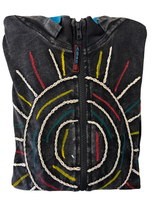 327 RJ Hand Crafted Bohemian Rib Tie-dye Brush Painted Patch Cotton Hoodie Jacket - Agan Traders, Charcoal