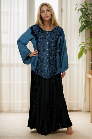 Renaissance Vintage Rayon Velvet Renaissance Top Blouse - Agan Traders, Blue