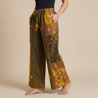 Women's Boho Palazzo Pants Wide Leg Embroidered Lace Up Drawstring Gypsy Trousers
