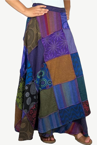 WS 411 Free-Spirited Patchwork Boho Wrap Hippie Skirt - Festival Ready Fashion - Agan Traders, Purple_Multi