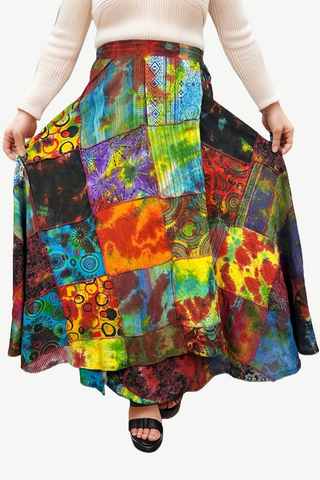 407 WS Cotton Gypsy Flower Diamond Patched Tie Dye Wrap Skirt - Agan Traders, Rainbow 