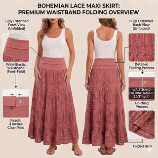 1701 SKT Boho Gothic Tiered Lace Net Waistband Long Flared Cotton Skirt Maxi