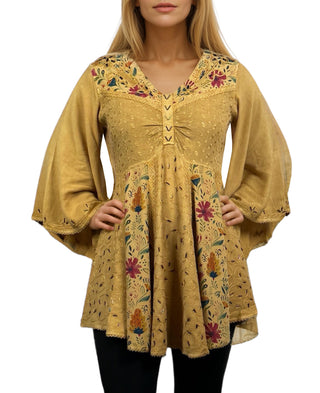 Sweet empire butterfly bell sleeve printed sequin bead flared tunic - Agan Traders, Gold