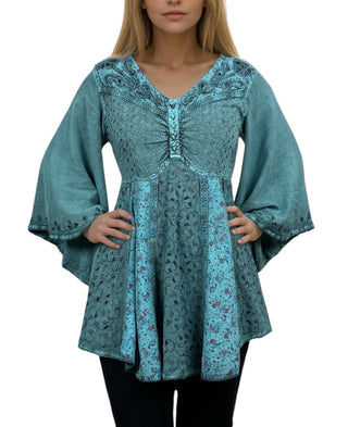 Sweet empire butterfly bell sleeve printed sequin bead flared tunic - Agan Traders, Turquoise