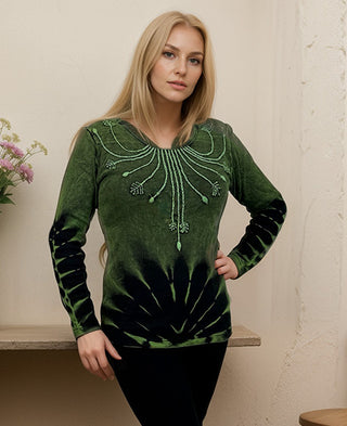 R 234 Gypsy Boho Rib Knit Distressed Stonewashed Floral Embroidery Blouse - Agan Traders; Green
