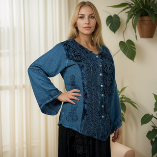 Renaissance Vintage Rayon Velvet Renaissance Top Blouse - Agan Traders, Blue