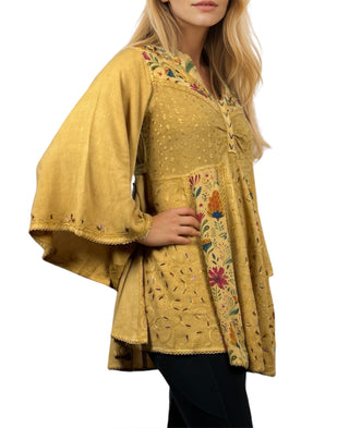 Sweet empire butterfly bell sleeve printed sequin bead flared tunic - Agan Traders, Gold