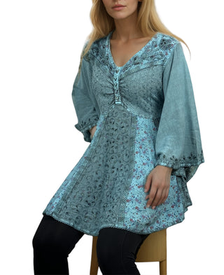 Sweet empire butterfly bell sleeve printed sequin bead flared tunic - Agan Traders, Turquoise