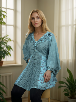 Sweet empire butterfly bell sleeve printed sequin bead flared tunic - Agan Traders, Turquoise