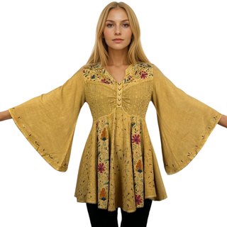 Sweet empire butterfly bell sleeve printed sequin bead flared tunic - Agan Traders, Gold