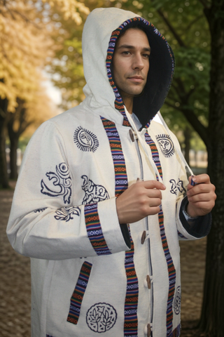 402 JKT Cotton Printed Fleece Lined Auspicious Symbols Tibetan Hoodie Jacket - Agan Traders, Off White