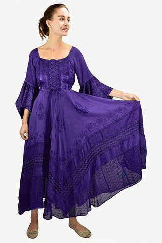 Medieval Gothic Bohemian Embroidered Handkerchief Flare Corset Dress Gown - Agan Traders, Purple