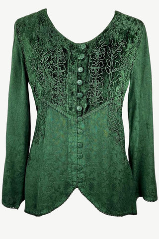 Women's Bohemian Exotic Velvet Embroidered Button Down Long Sleeve Tunic Blouse - Agan Traders, Green