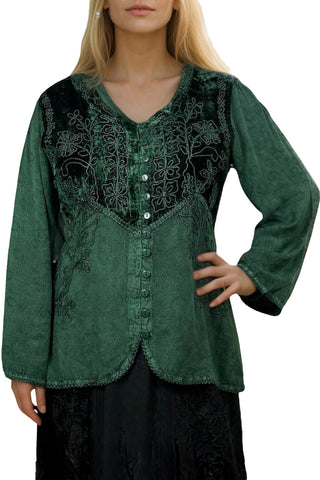 Women's Bohemian Exotic Velvet Embroidered Button Down Long Sleeve Tunic Blouse - Agan Traders, Green