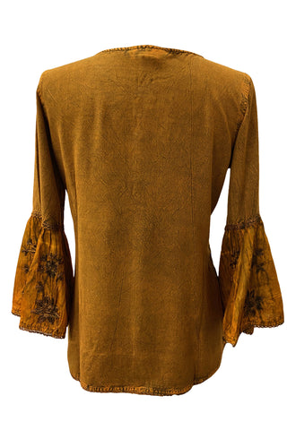 03 B Boho Medieval Embroidery Round Neck Blouse Top - Agan Traders, Old Gold