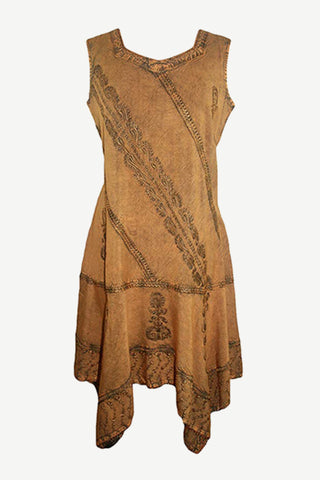 Gypsy Peasant Funky Asymmetrical Hem Short Dress - Agan Traders, Old Gold