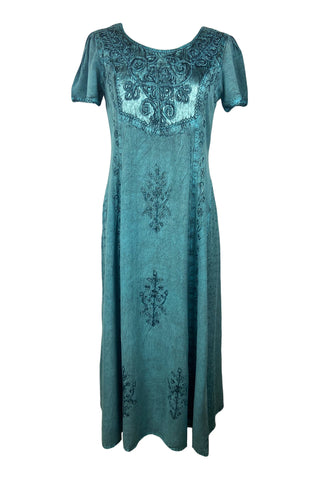 1024 DR Gothic Vintage Cap Sleeve Embroidered Casual Chic Dress Gown - Agan Traders, Turquoise