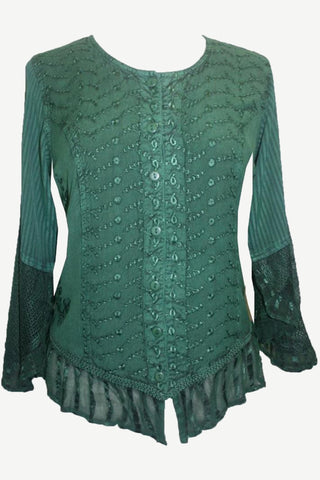 Embroidered Netted Ruffle Sleeve Blouse - Agan Traders, Hunter Green
