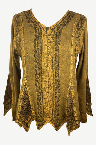 Gypsy Medieval Vintage Asymmetrical Net Renaissance Top Blouse - Agan Traders, Old Gold