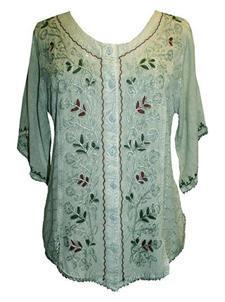 Scooped Neck Medieval  Embroidered Blouse - Agan Traders, Sea Green