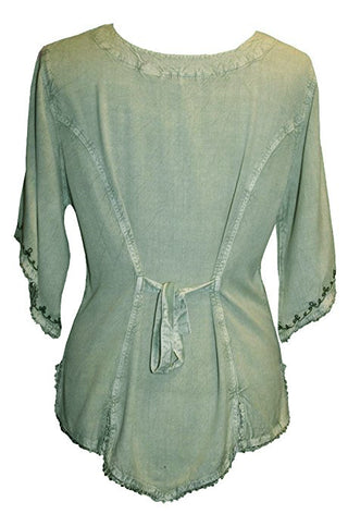 Scooped Neck Medieval  Embroidered Blouse - Agan Traders, Sea Green