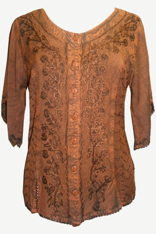 Scooped Neck Medieval  Embroidered Blouse - Agan Traders, Rust