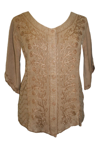 Scooped Neck Medieval  Embroidered Blouse - Agan Traders, Camel