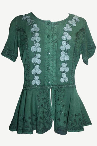 Gypsy White Embroidered Floral Medieval Renaissance Top Blouse - Agan Traders, Hunter Green
