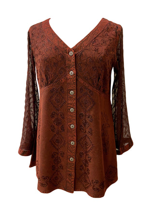  Medieval Victorian Gothic embroidered button down sheer lace sleeve blouse - Agan Traders, Burgundy
