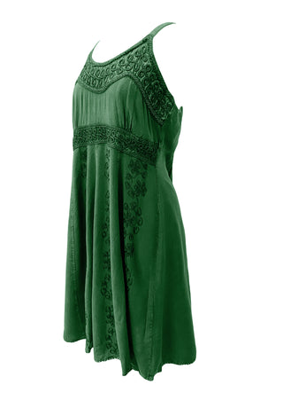 186017 DR Bohemian Spaghetti Strap Embroidered Smocked Elastic Mid Calf Sun Dress - Agan Traders, E green 