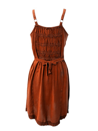 186020 DR Bohemian Medieval Spaghetti Strap V-Neckline Mid Calf Dress - Agan Traders, Orange Rust