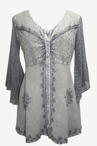 18607 B Medieval Gothic Embroidered Button Down Sheer Lace Sleeve Top Blouse - Agan Traders, Silver