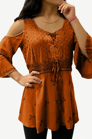 18608 B Bohemian Diamond Neck Cold Shoulder Embroidered Front Tie 3/4 Bell Sleeve Blouse - Agan Traders, Rust